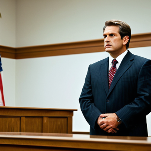 **

"A professional lawyer in a modest suit, standing in a courtroom, addressing a jury, fully clothed, appropriate attire, safe for work, perfect anatomy, natural proportions, serious expression, professional photography, well-lit, family-friendly."

**