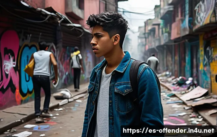 살인 사건 가해자의 동기 분석 - A detailed scene depicting a tense urban neighborhood in Latin America, showing a young adult male w...