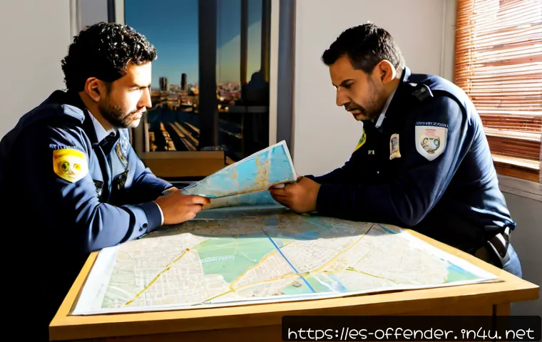 범죄자의 도주 방법 연구 - Photorealistic Spanish police forensic analysts studying a large city transit map and anonymous evid...