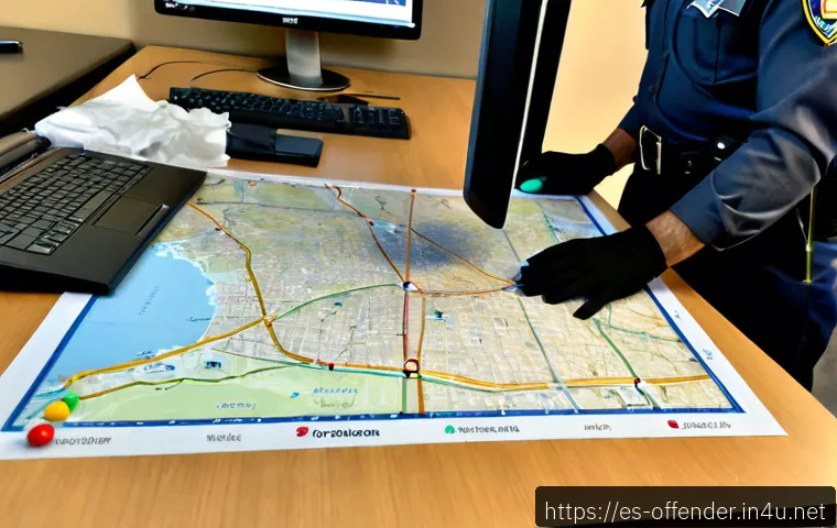 범죄자의 동선 분석 기술 - Photorealistic Spanish forensic analyst in a modern police investigation office, studying a large ci...